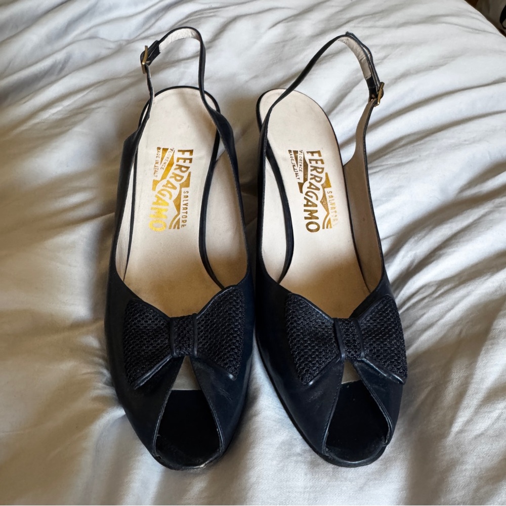 Salvatore Ferragamo Blue Slingback Peep Toe Pumps